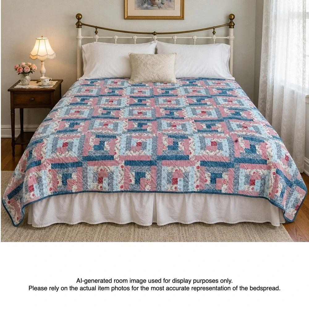 Colormate Full Size Patchwork Quilt Vintage Floral Gingham Log Cabin Pattern